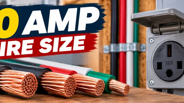50 amp wire size comparison showing 6 AWG copper wire, 8 AWG copper wire, and a 50-amp circuit breaker.