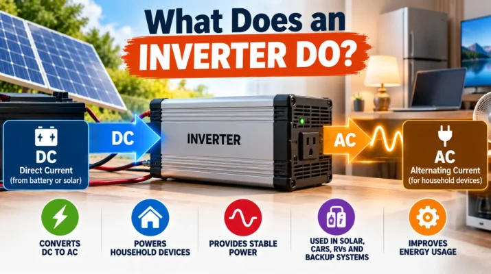 What does an inverter do? Power inverter converting DC electricity from a battery into AC power for household appliances.